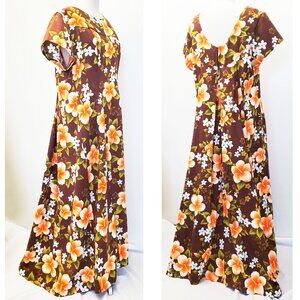 Floral Brown Maxi Dress with Orange Hibiscus Print